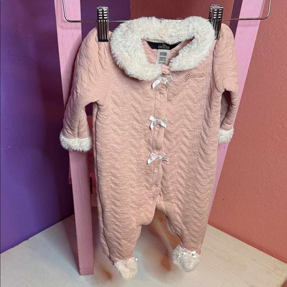 Guess Blush Quilted Footie with Faux Fur Trim